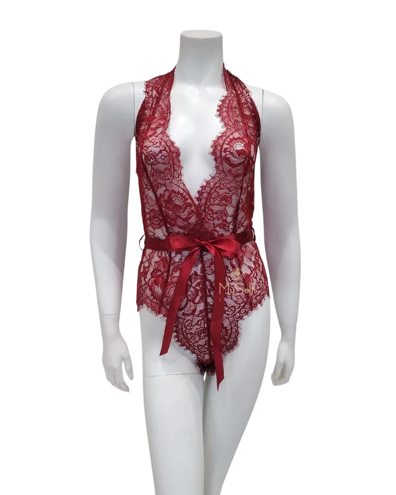 52-11025 Rhubarb Eyelash Lace Halter Teddy with Ties