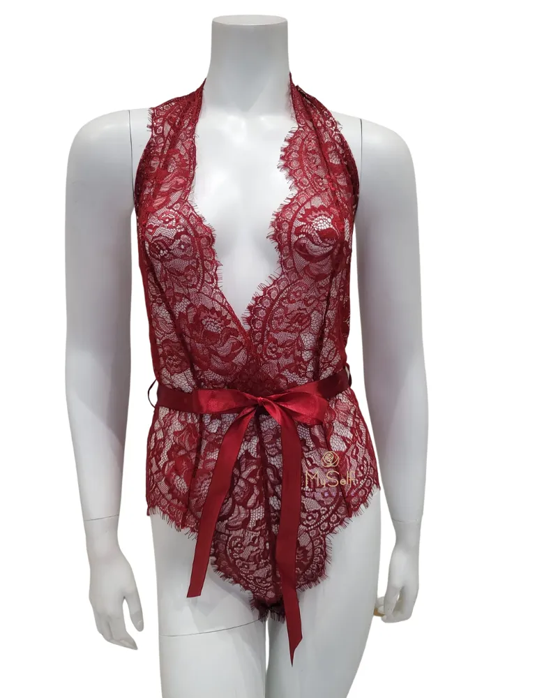 52-11025 Rhubarb Eyelash Lace Halter Teddy with Ties