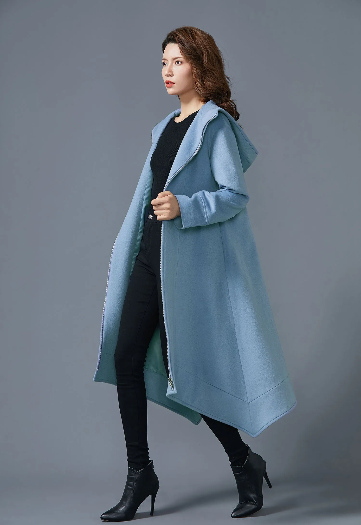 Blue Hooded long wool coat Asymmetric handmade coat coat with pockets C1623