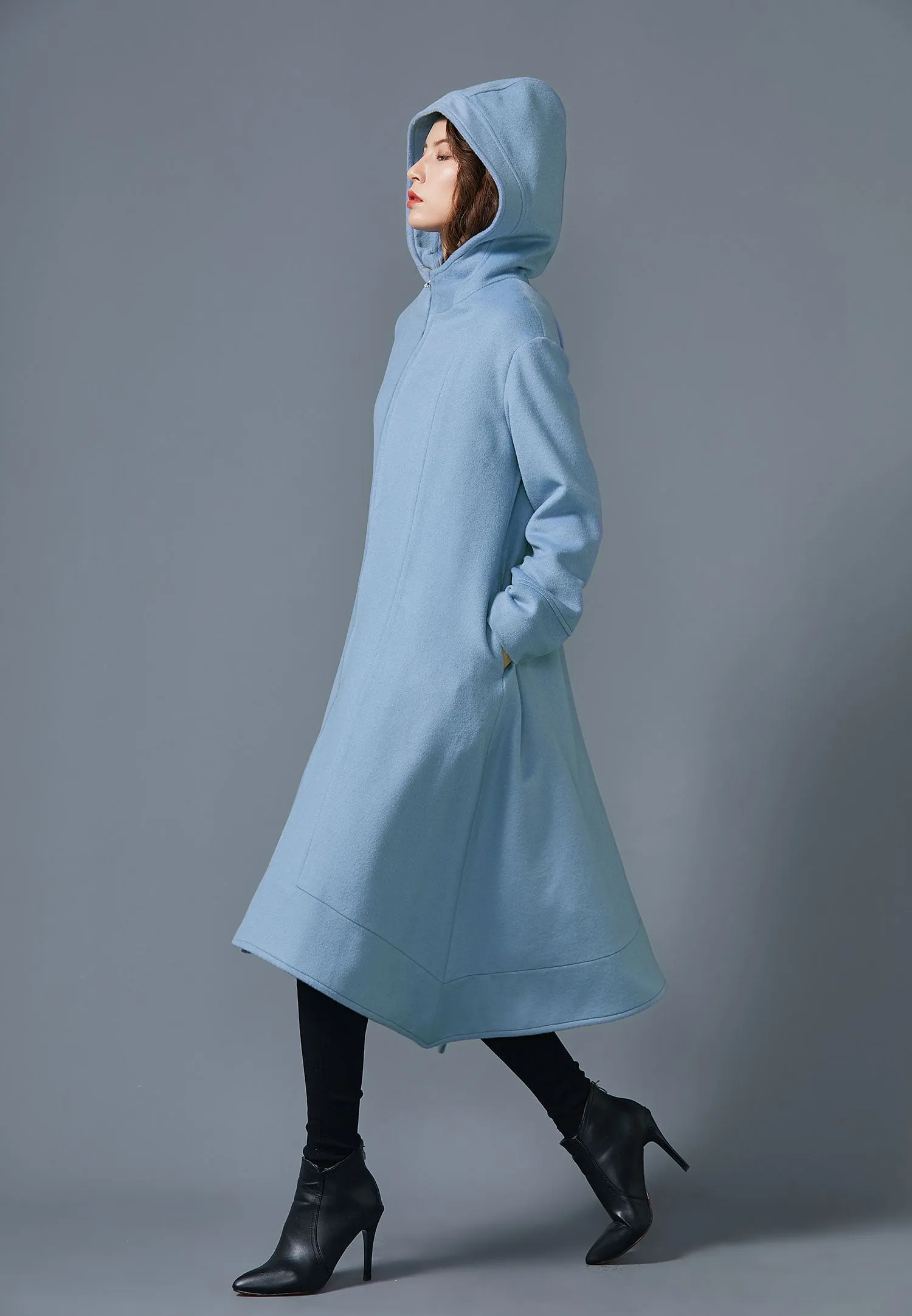 Blue Hooded long wool coat Asymmetric handmade coat coat with pockets C1623