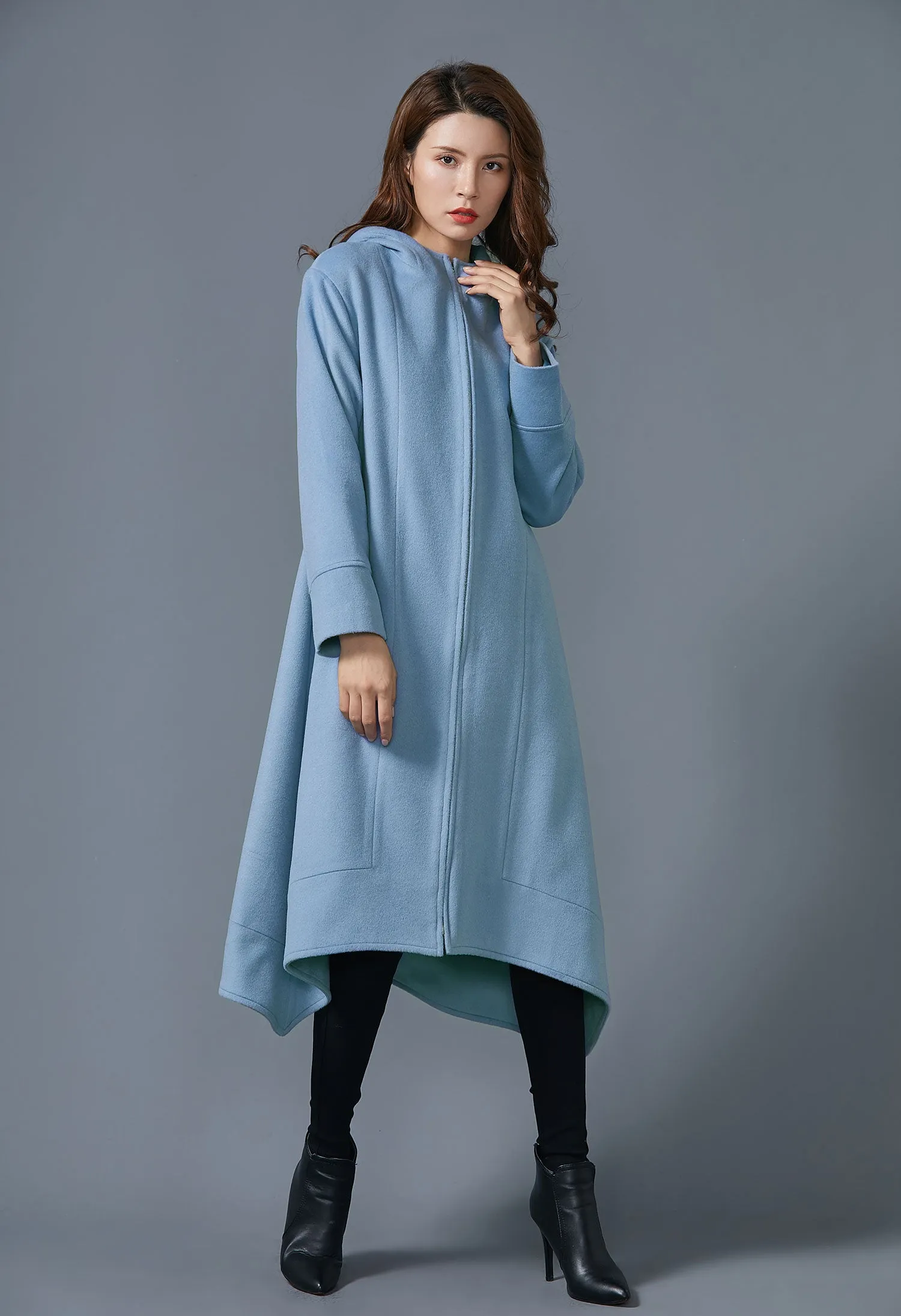 Blue Hooded long wool coat Asymmetric handmade coat coat with pockets C1623