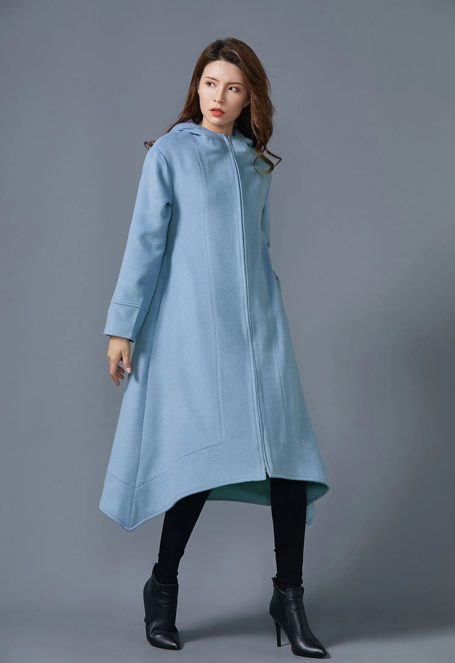 Blue Hooded long wool coat Asymmetric handmade coat coat with pockets C1623