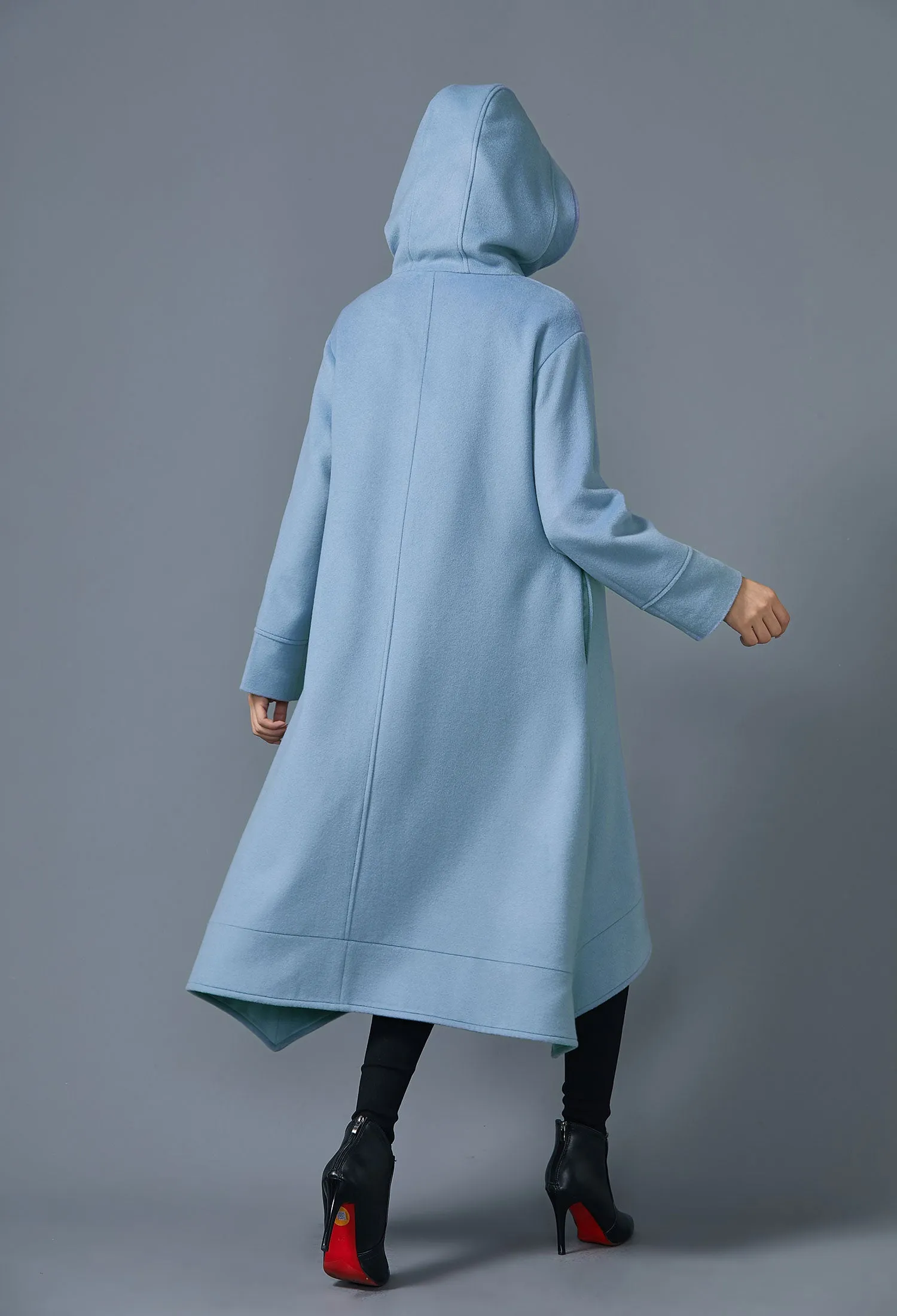 Blue Hooded long wool coat Asymmetric handmade coat coat with pockets C1623