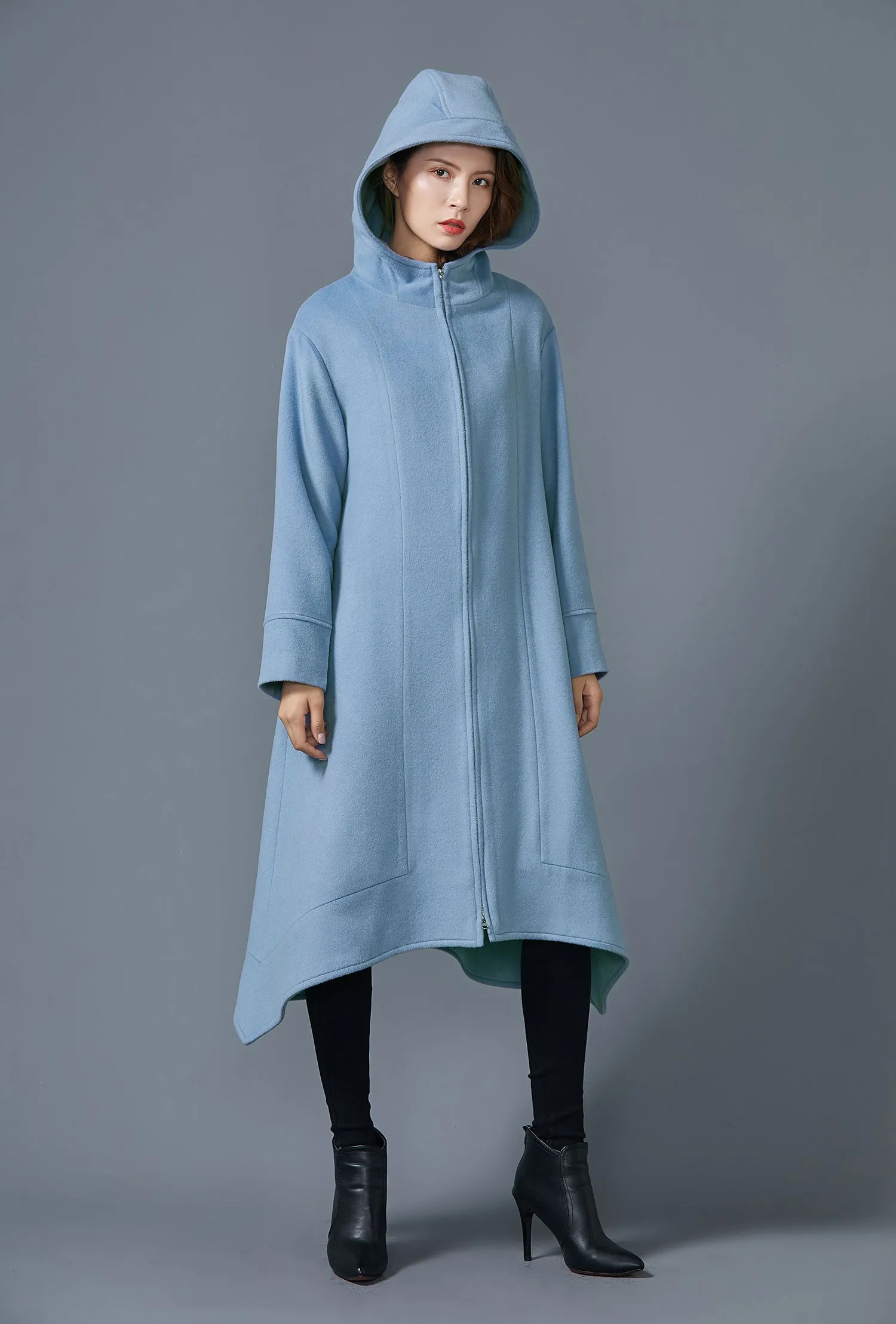 Blue Hooded long wool coat Asymmetric handmade coat coat with pockets C1623