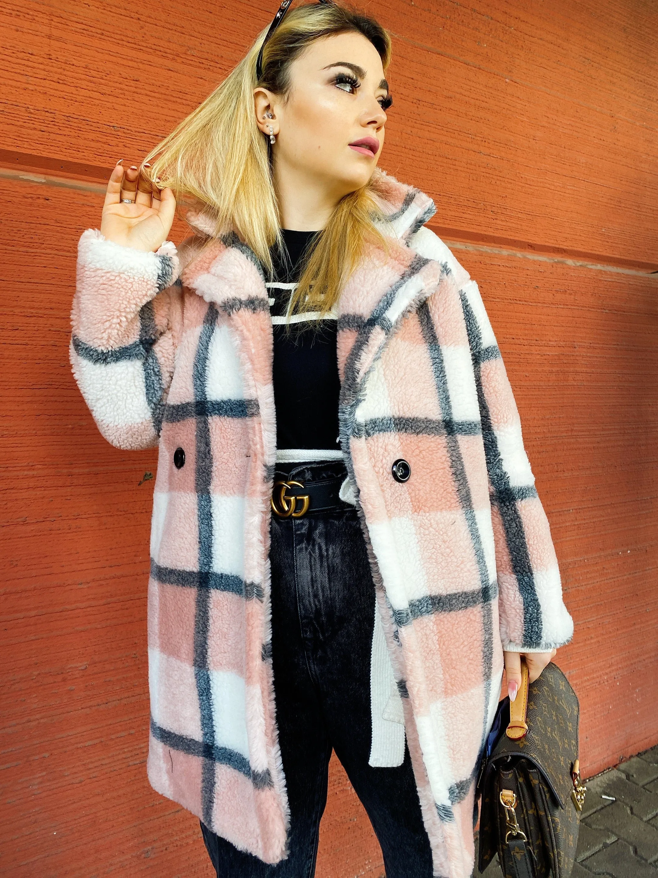 Cappotto Teddy rosa a quadri