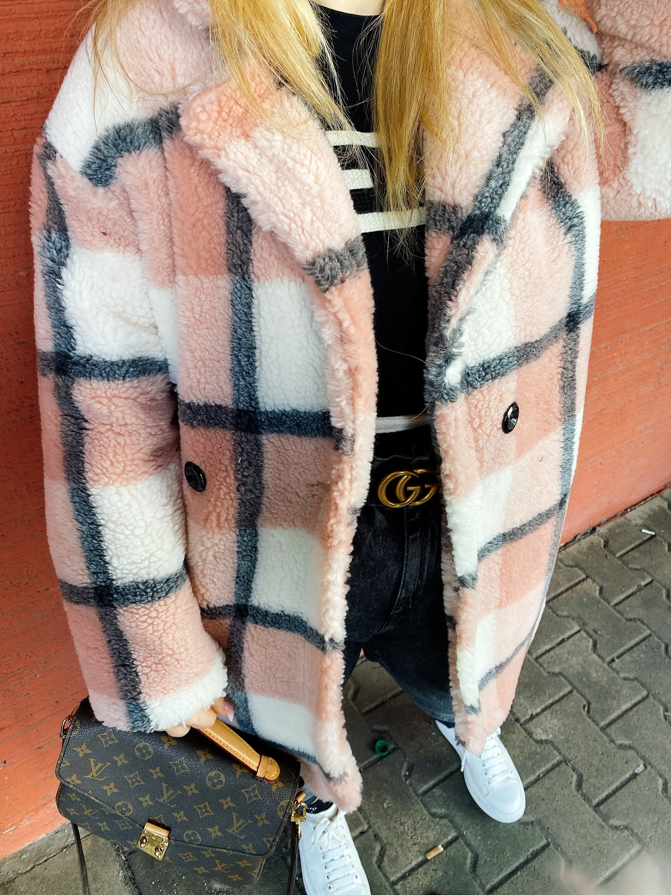 Cappotto Teddy rosa a quadri
