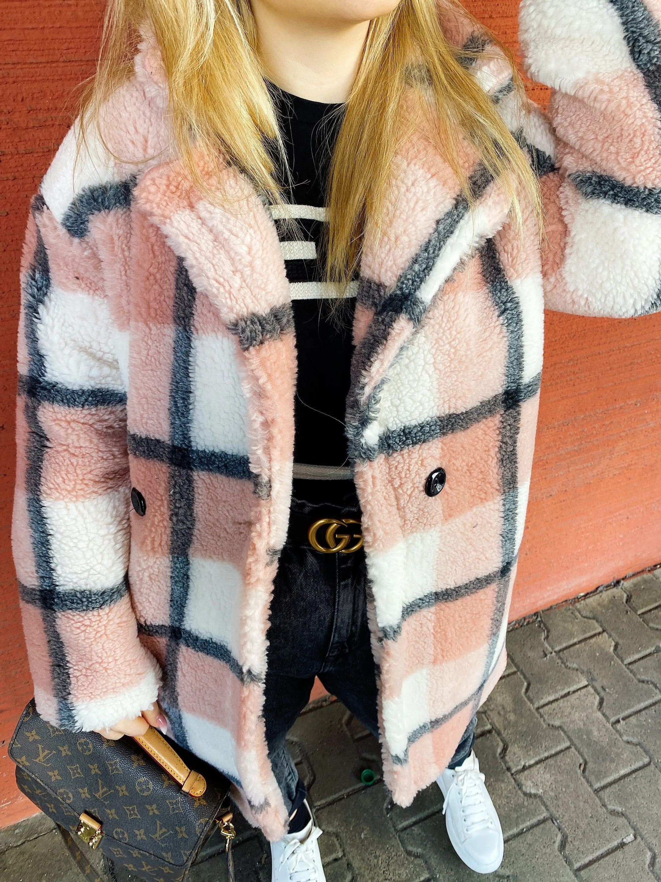 Cappotto Teddy rosa a quadri