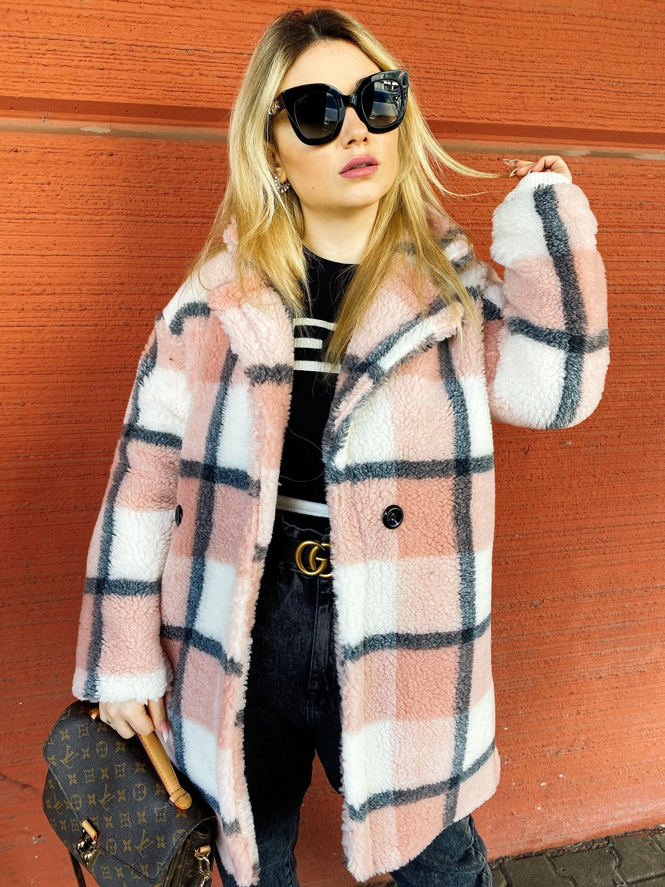 Cappotto Teddy rosa a quadri