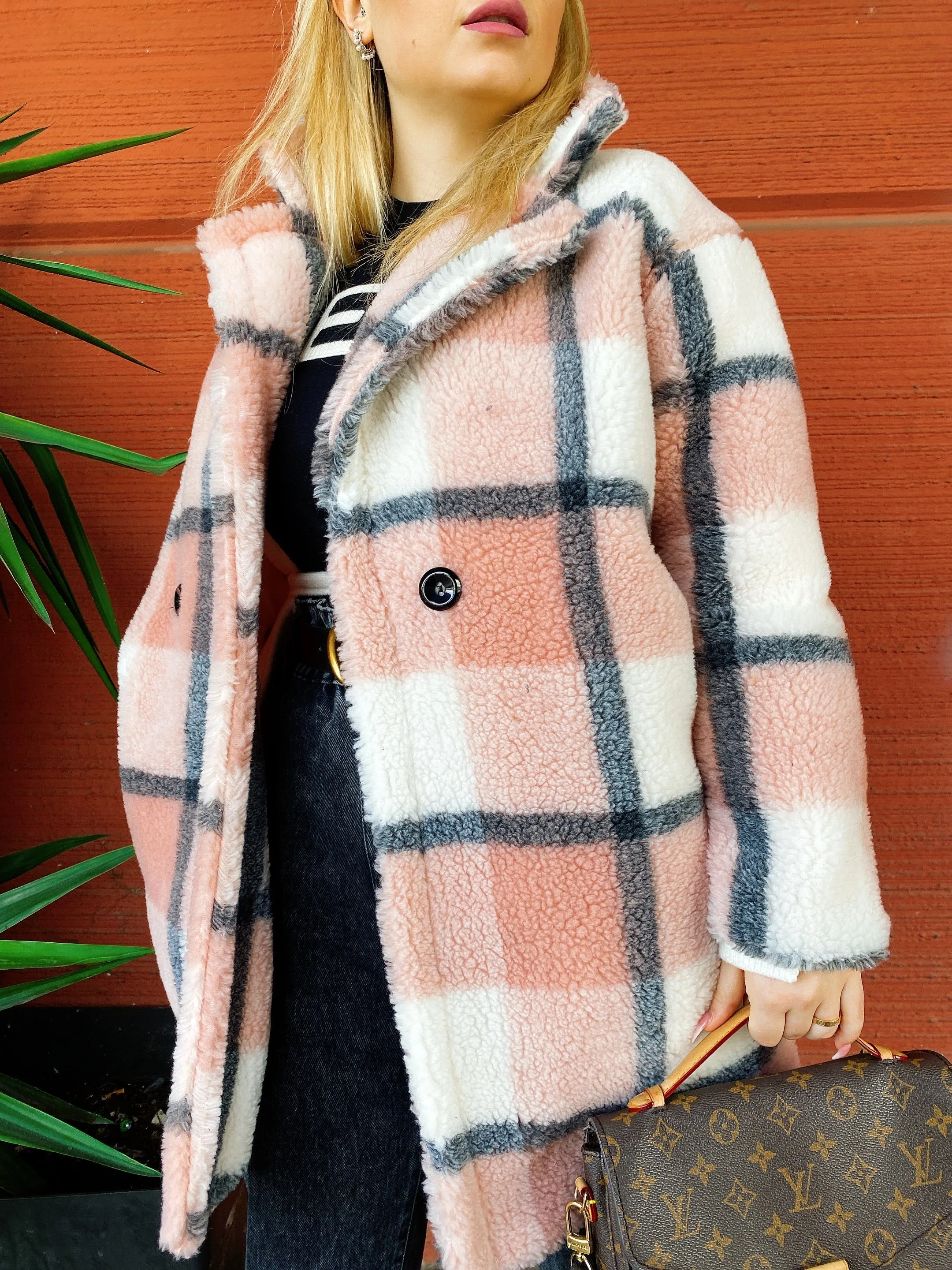 Cappotto Teddy rosa a quadri