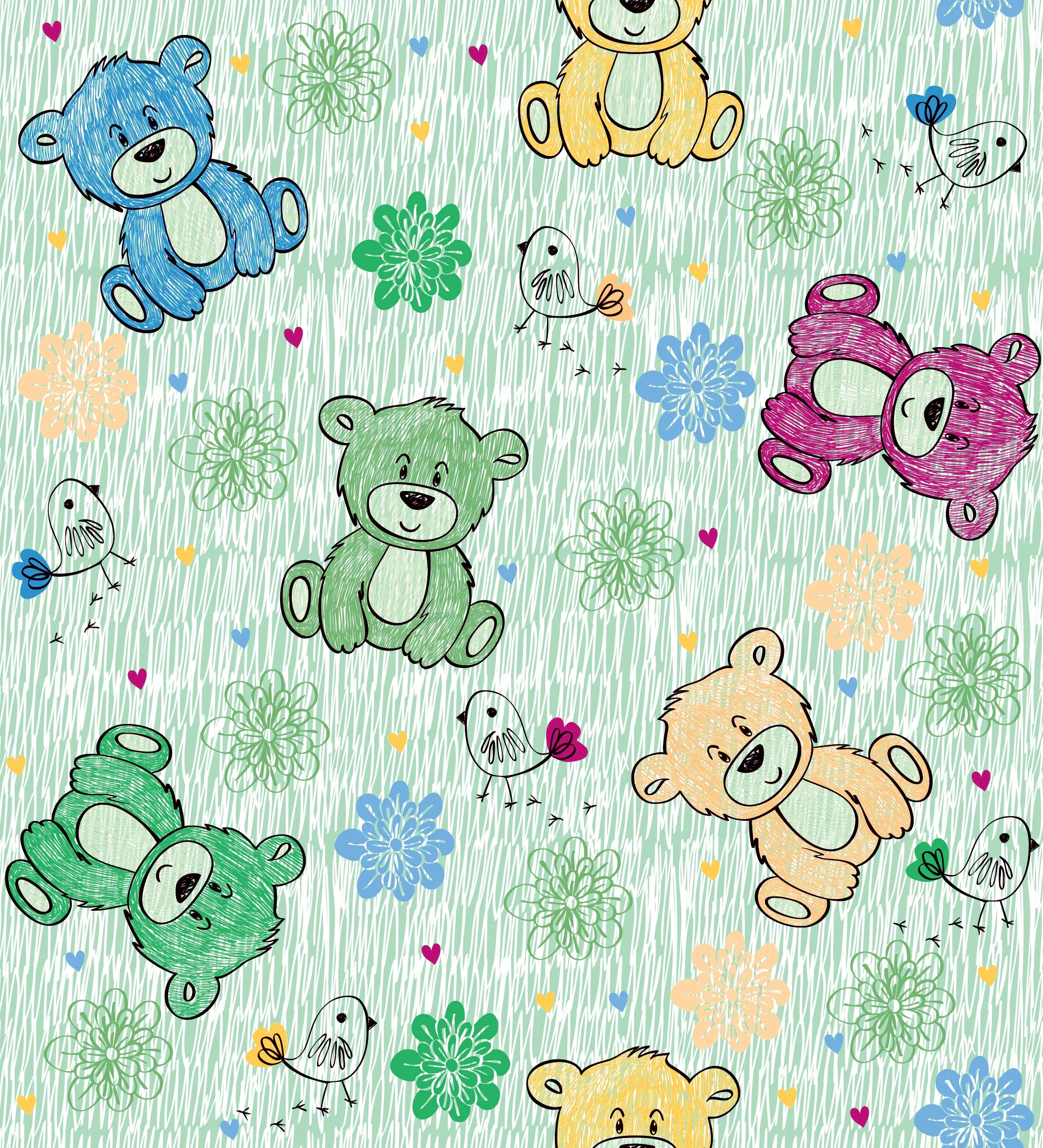 Children's Fabric, Teddy Bear Fabric, green Background, Cotton or Fleece, 3705