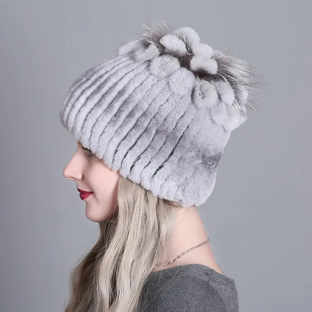 Colorful Striped Knit Hat with Rex Rabbit Fur Lining for Women
