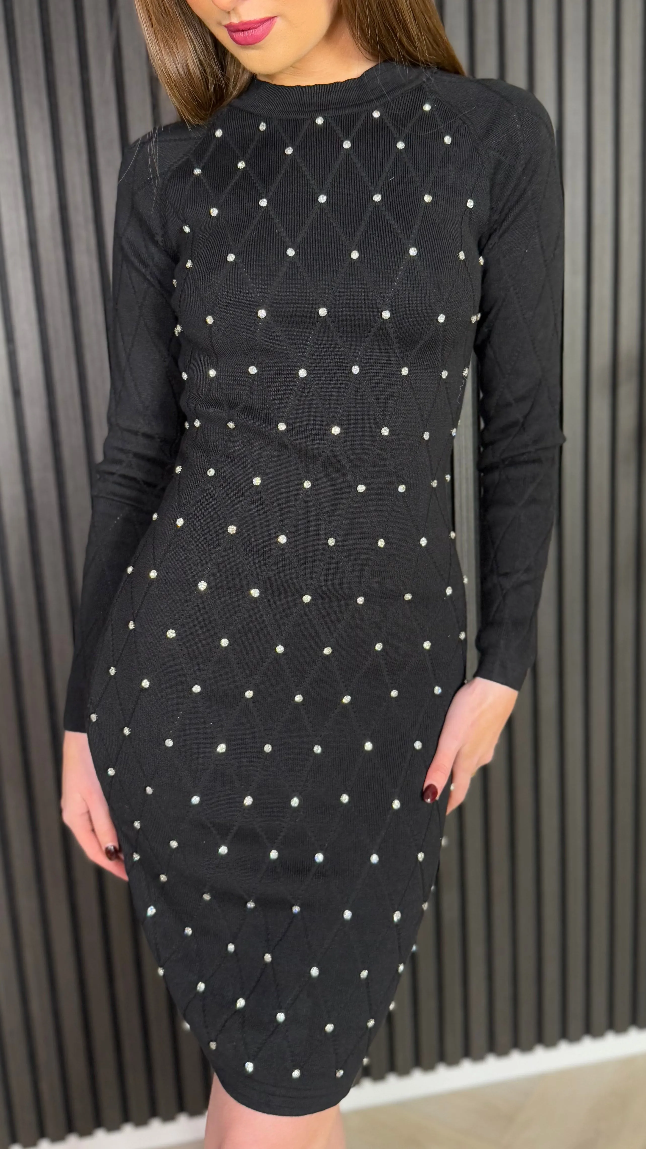 Donnie Black Knit Mini Dress Decorated With Rhinestones
