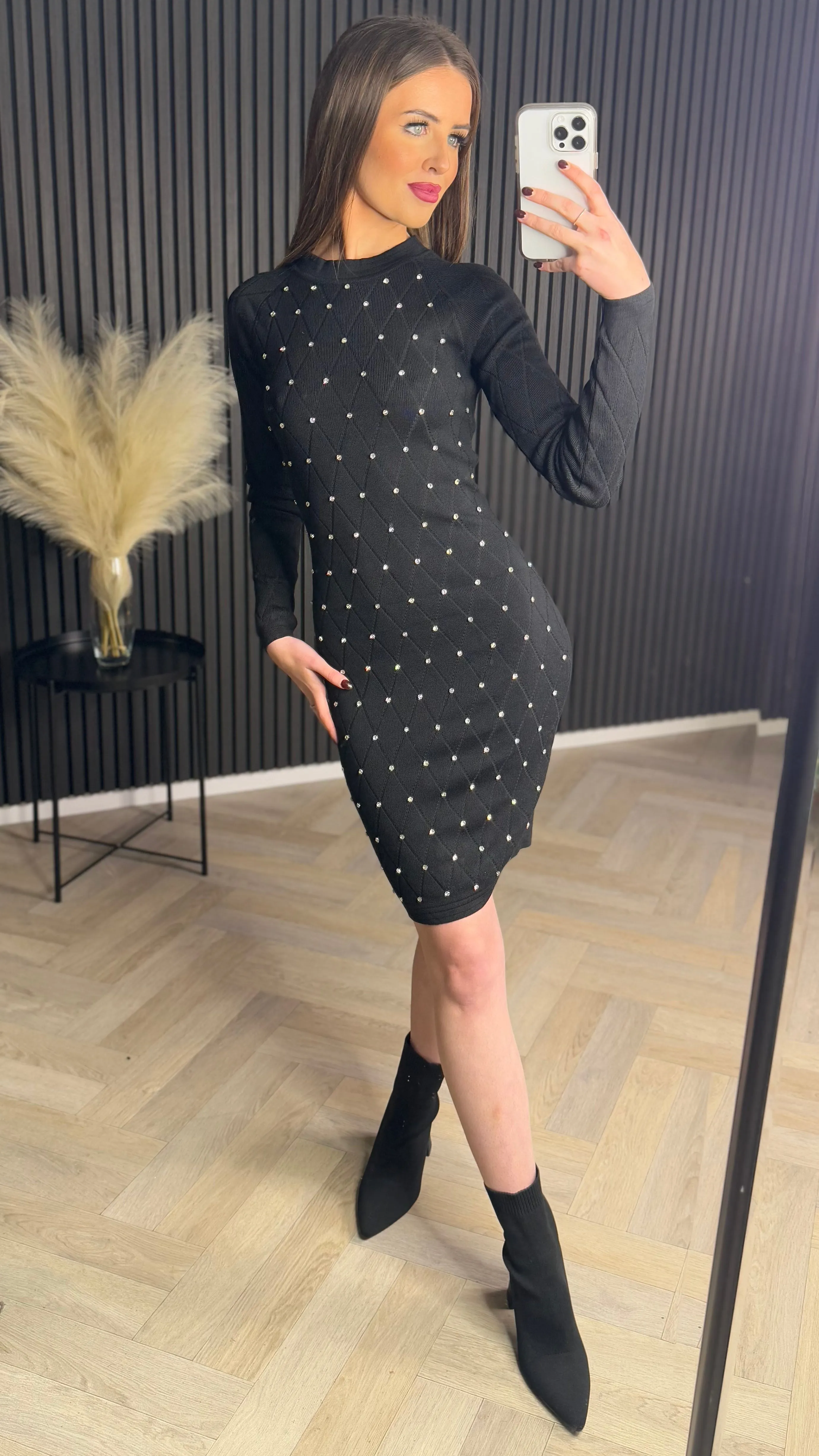 Donnie Black Knit Mini Dress Decorated With Rhinestones