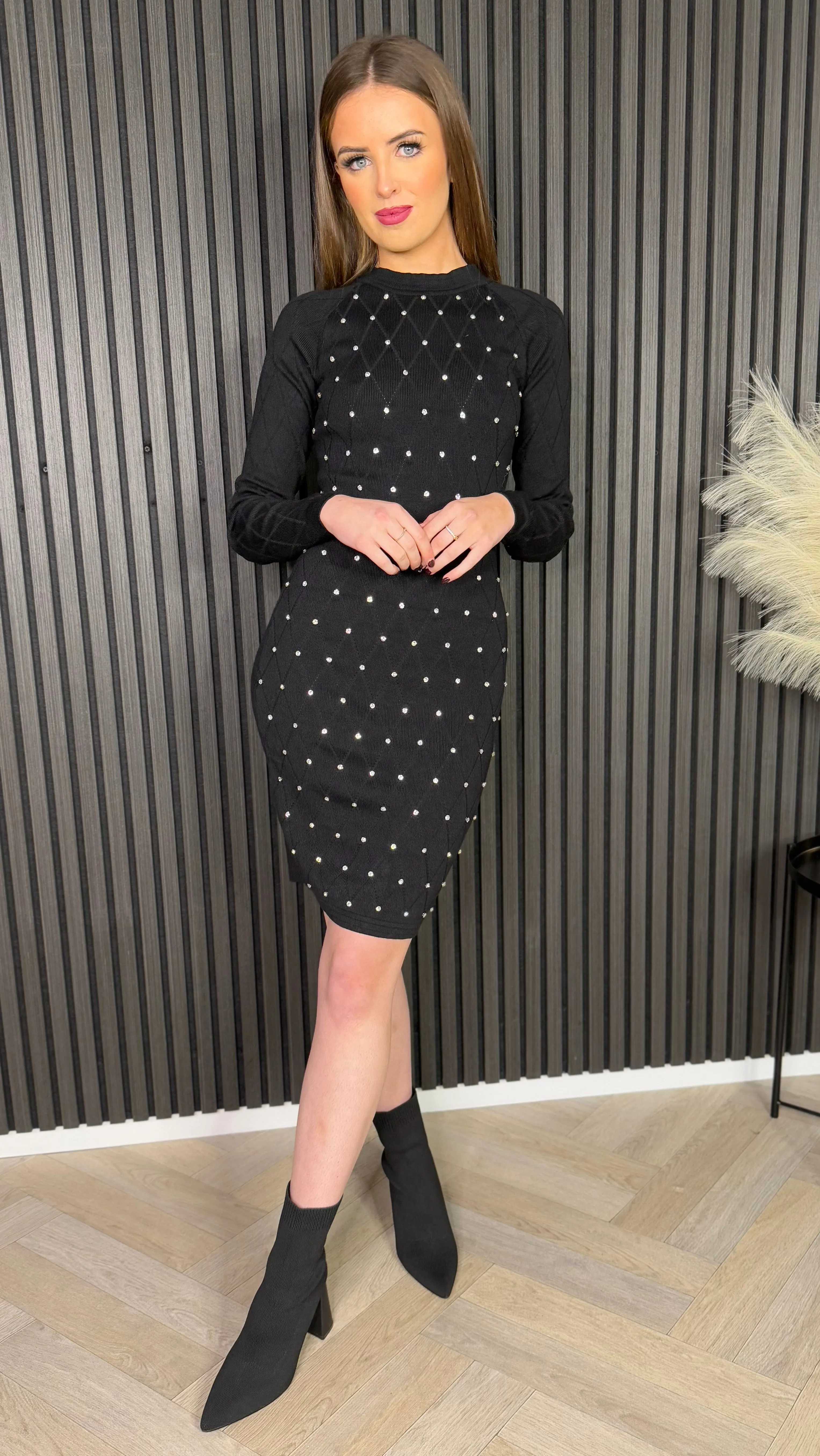 Donnie Black Knit Mini Dress Decorated With Rhinestones