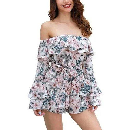 Floral Off-Shoulder A-Line Long Sleeve Romper