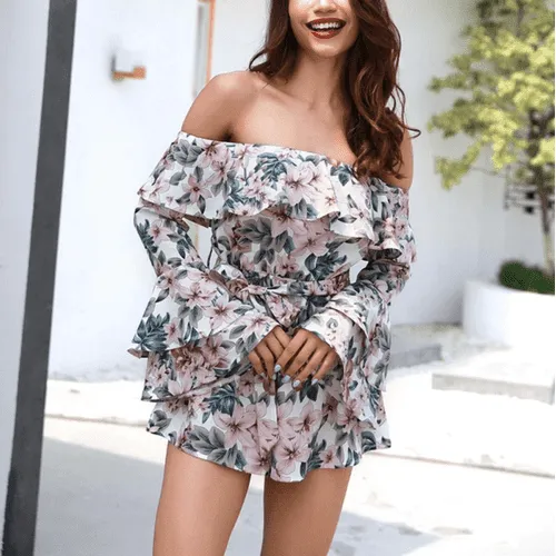 Floral Off-Shoulder A-Line Long Sleeve Romper