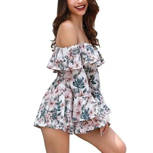 Floral Off-Shoulder A-Line Long Sleeve Romper
