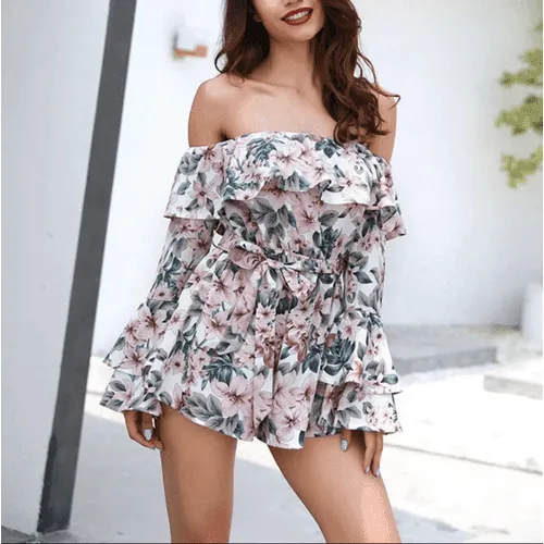 Floral Off-Shoulder A-Line Long Sleeve Romper