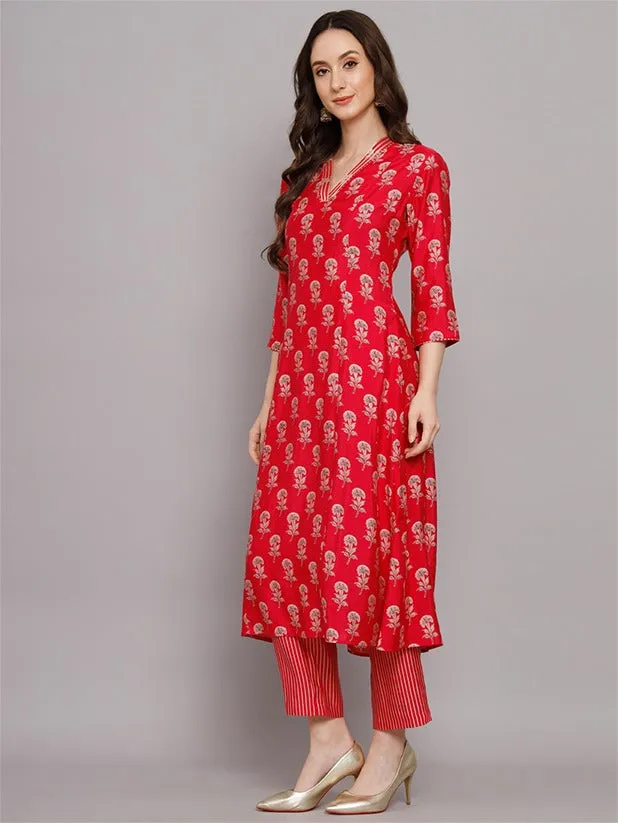 Floral Printed Chanderi Silk Kurti With Pants