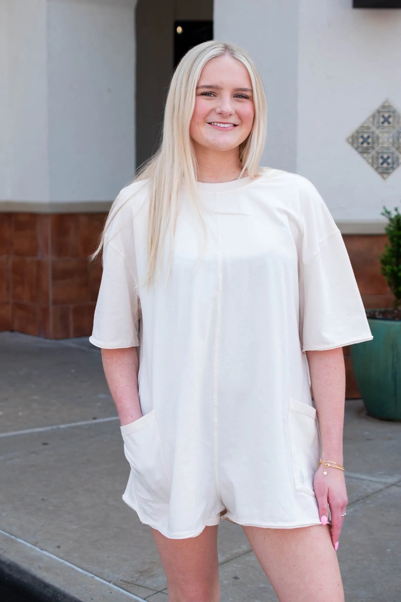 Free People: Hot shot Tee Romper in Bleached Clay