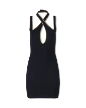 Gold Trimmed Halterneck Knit Short Dress