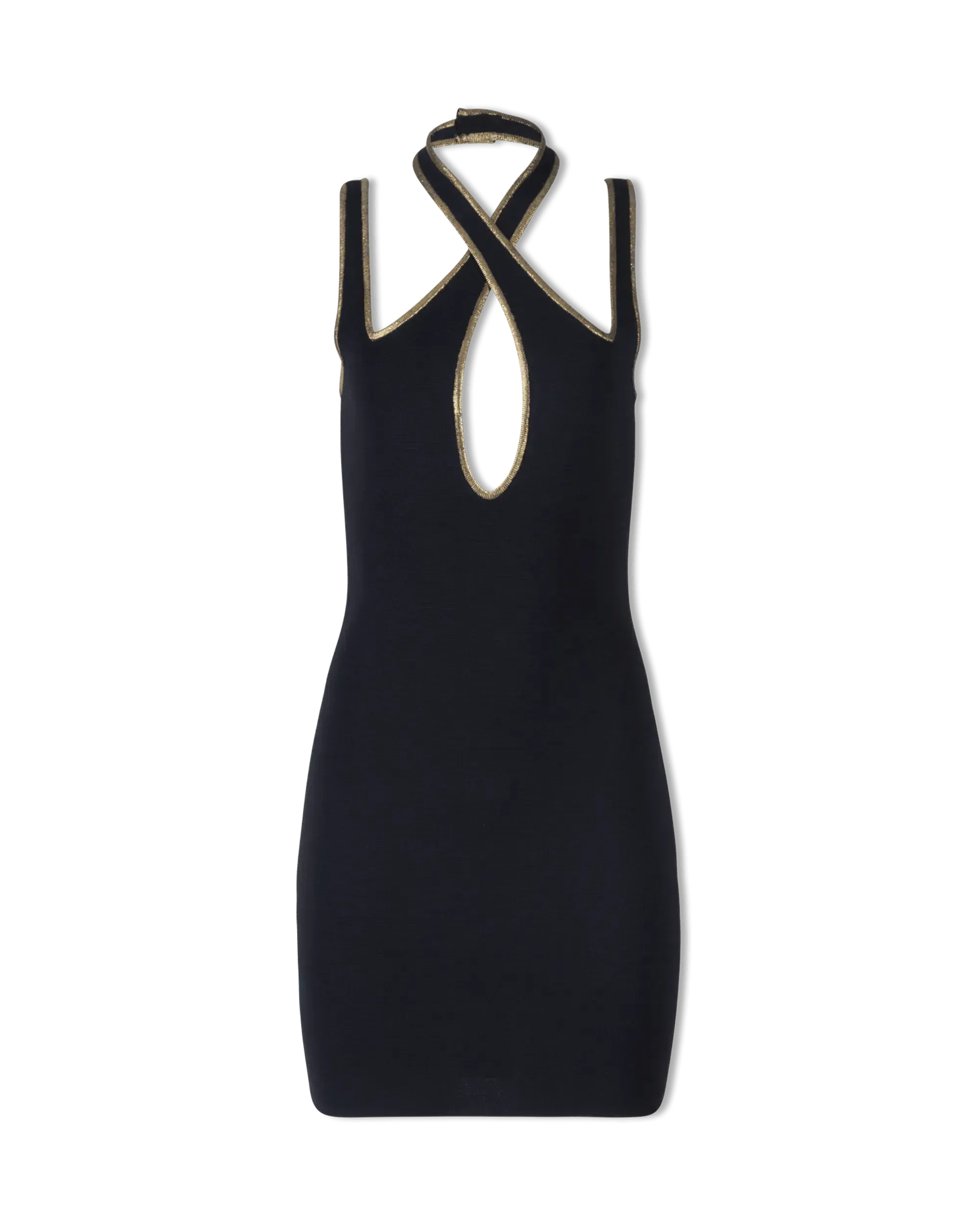 Gold Trimmed Halterneck Knit Short Dress