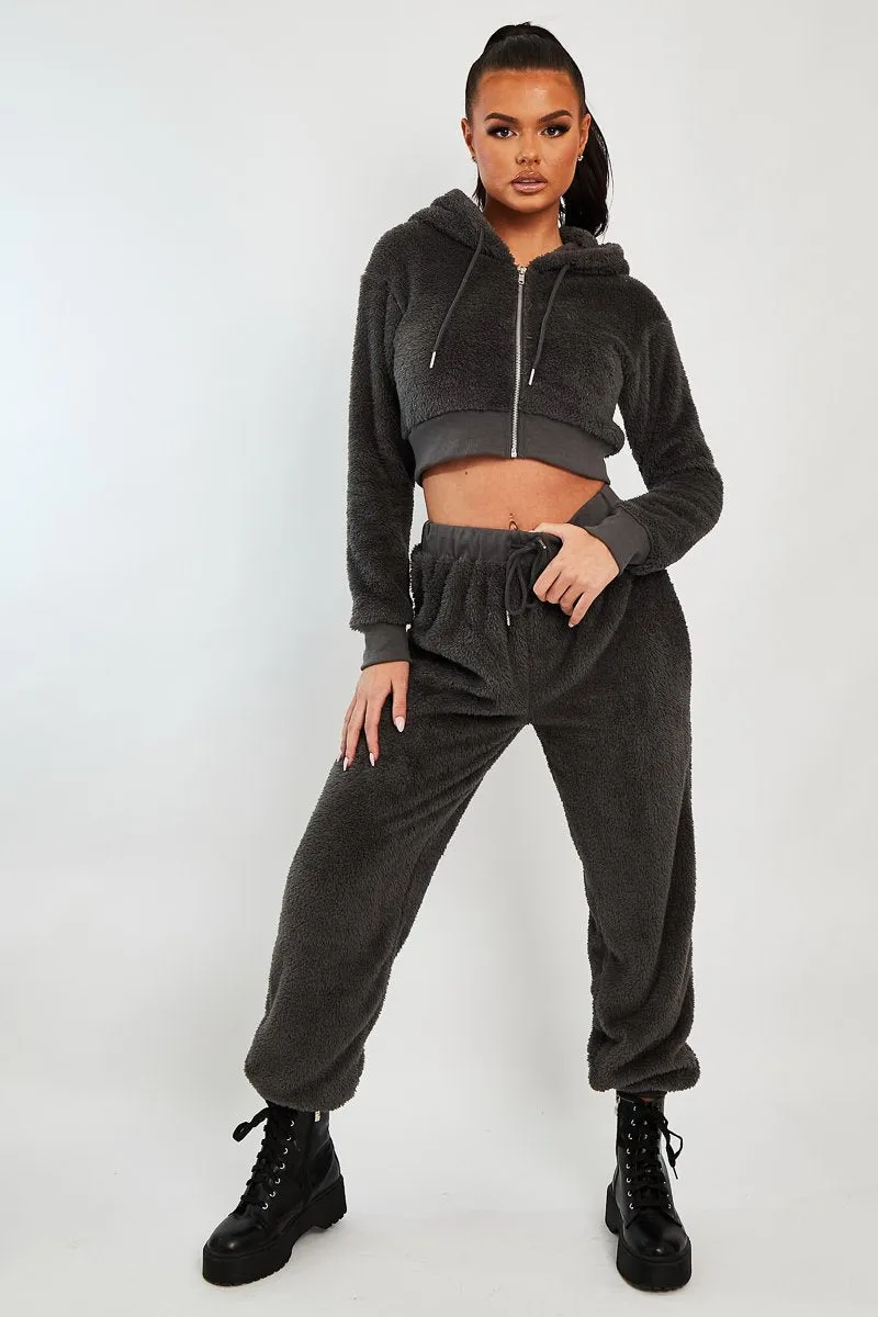 Grey Cropped Teddy Zip Up Hoodie - Cheryl