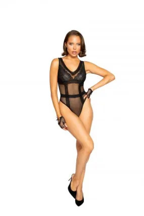 Lace and Mesh Teddy with Waist Trim Detail - Black -