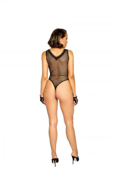Lace and Mesh Teddy with Waist Trim Detail - Black -