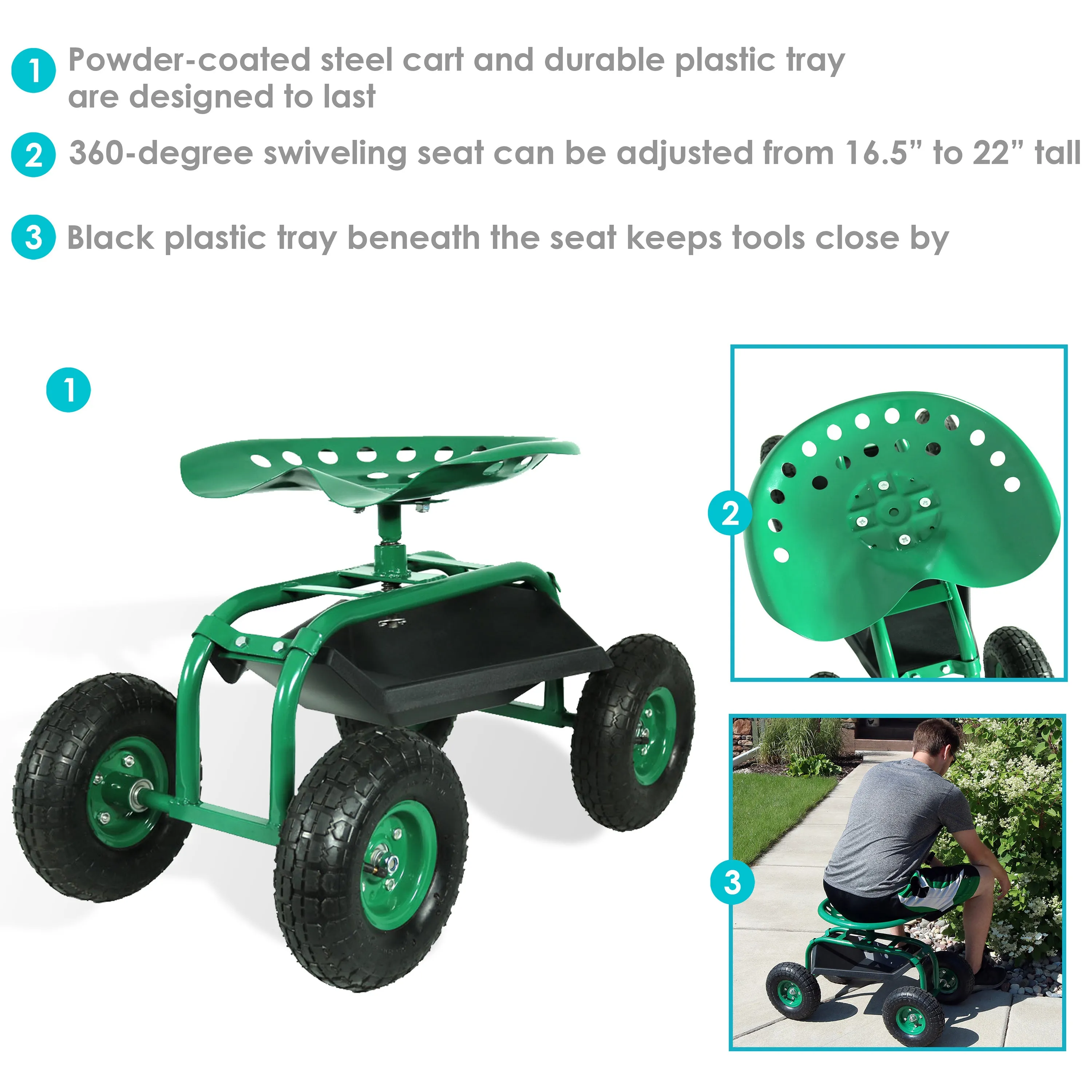 Sunnydaze Rolling Garden Cart with 360-Degree Swivel Seat and Tray