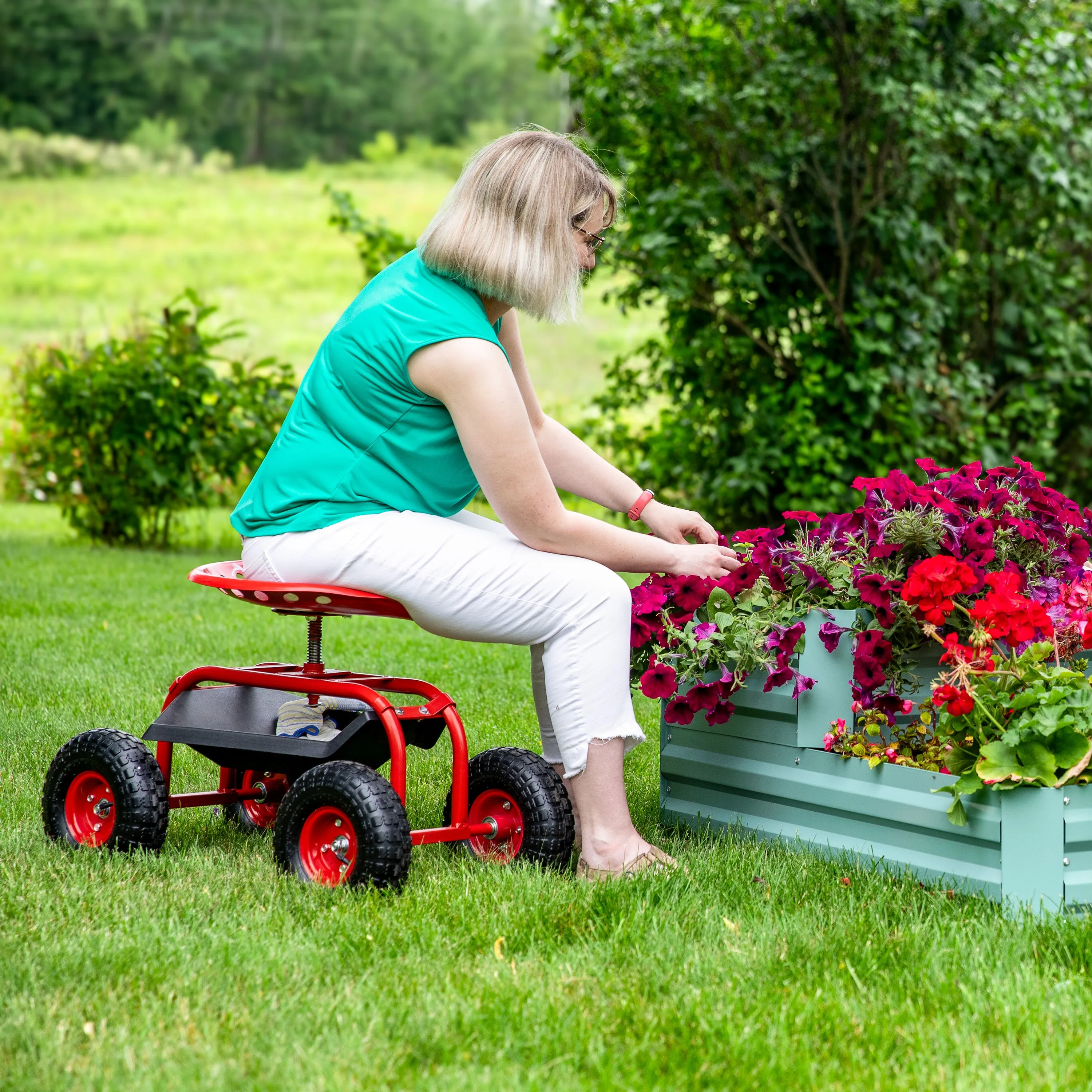 Sunnydaze Rolling Garden Cart with 360-Degree Swivel Seat and Tray