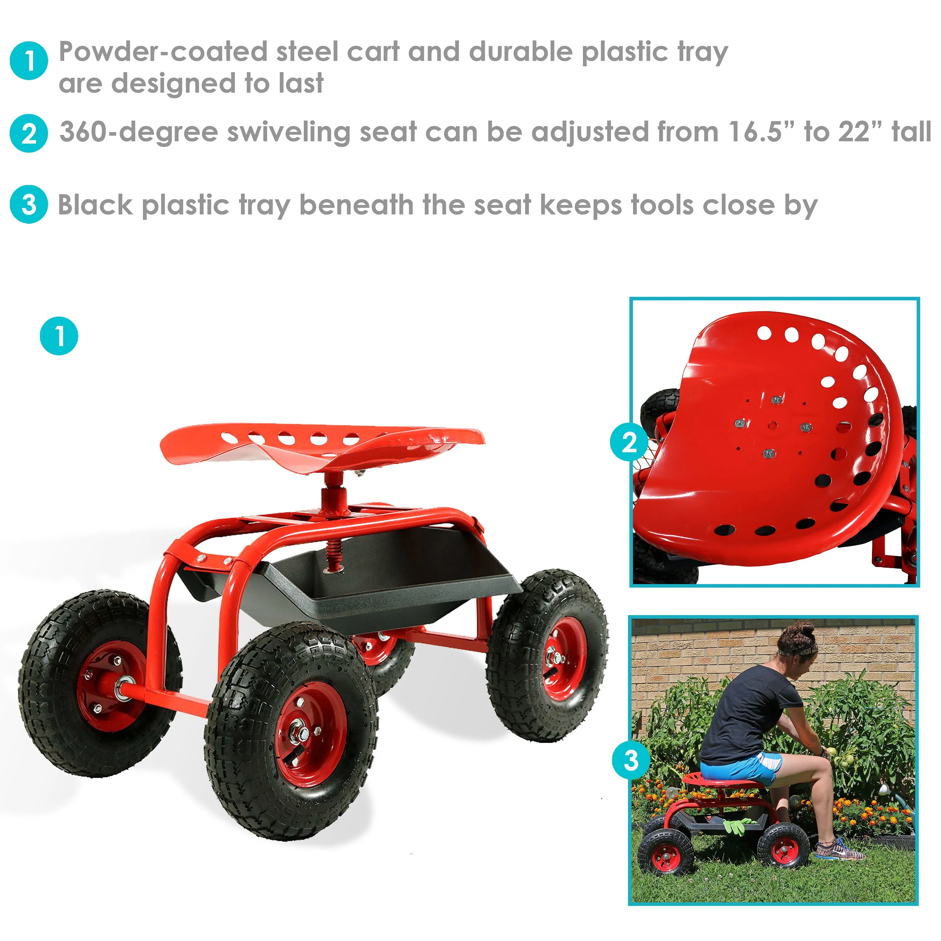 Sunnydaze Rolling Garden Cart with 360-Degree Swivel Seat and Tray