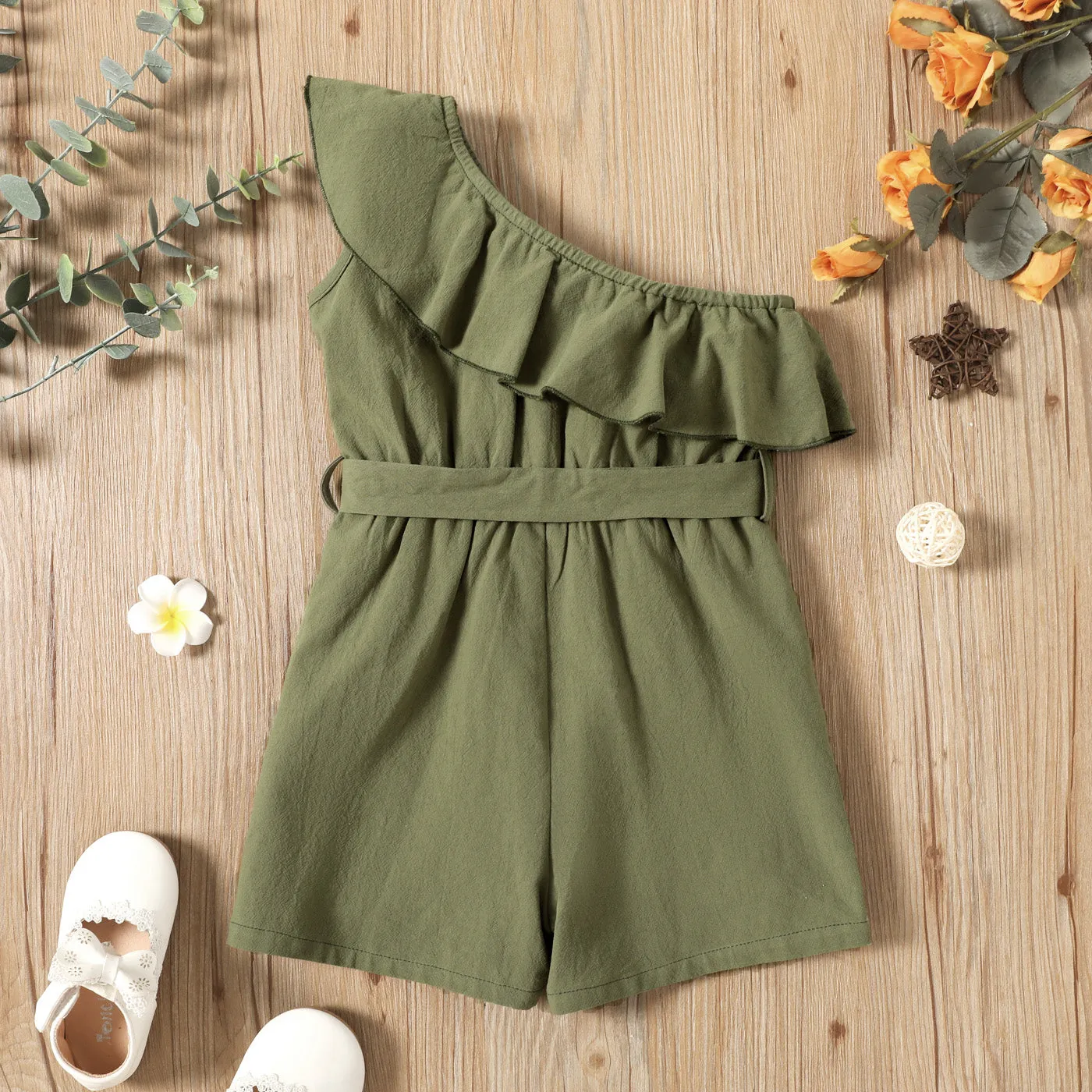 Toddler Girl 100% Cotton One Shoulder Flounce Belted Romper Jumpsuit Shorts