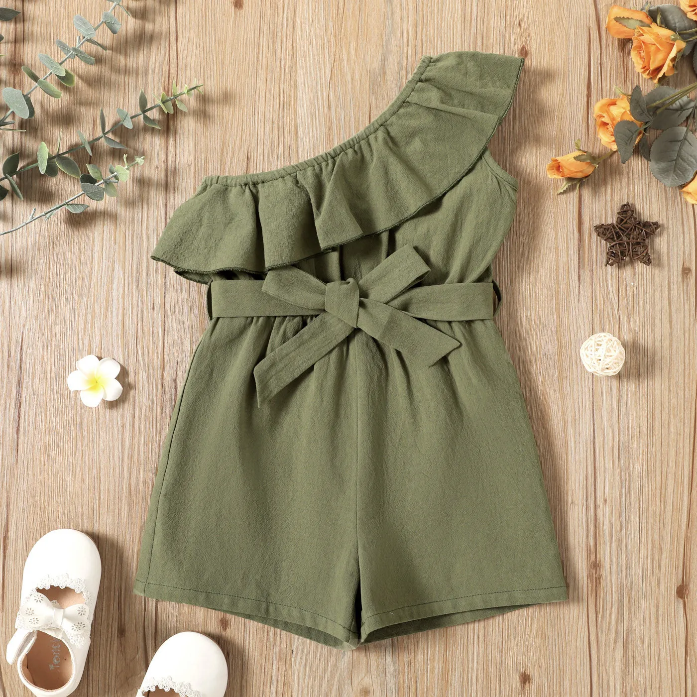 Toddler Girl 100% Cotton One Shoulder Flounce Belted Romper Jumpsuit Shorts