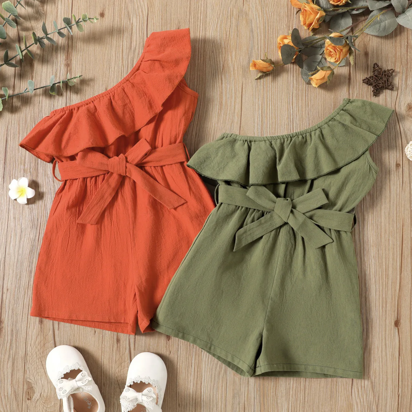 Toddler Girl 100% Cotton One Shoulder Flounce Belted Romper Jumpsuit Shorts