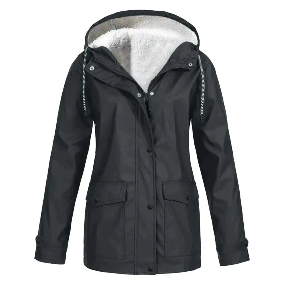 Women's Stylish Warm Fleece Lined Rain Coat with Hood | Ideal for Autumn/Winter